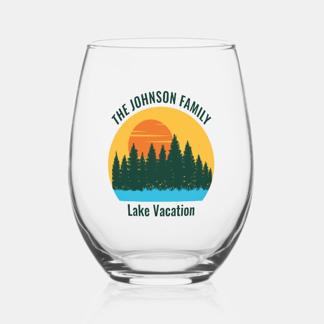 Family Lake House Sunset Personalised Stemless Wine Glass (Front)