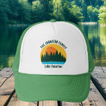 Family Lake Trip Cute Customised Sunset Trucker Hat<br><div class="desc">Beautiful family lake vacation hats featuring the pretty blue waters under the forest of trees and cool orange sunset. Cute camping trip keepsake souvenir hat for your nature outing or wilderness group.</div>