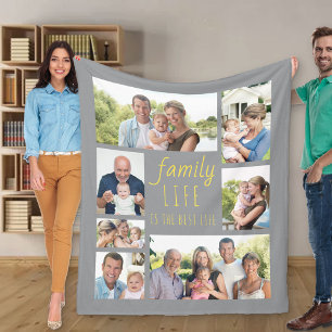 Family Life Quote Grey and Yellow 7 Photo Fleece Blanket