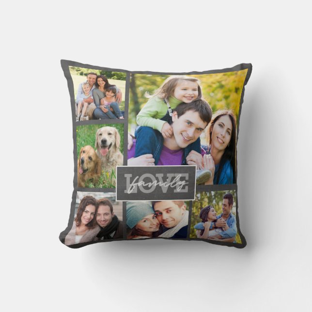 Family Love 6 Photo Handlettered Chalkboard Trendy Cushion (Front)