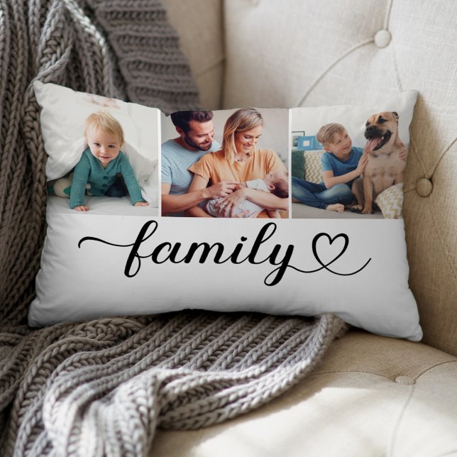 Family Love Black Script 3 Photo Custom Collage Lumbar Cushion (Creator Uploaded)