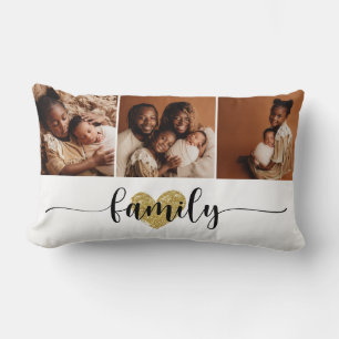 Family Love Black Script 3 Photos Custom Collage Lumbar Cushion