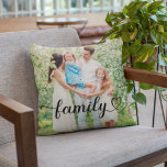 Family Love Black Script Custom Photo Cushion<br><div class="desc">Modern and stylish custom throw pillow features a favourite photo(s) with a minimal "family" typography overlay design that includes elegant flourish and heart details. The black text colour can be modified. 2 photo front / back design allows you to include a photo on front and back or two different photos....</div>