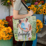 Family Love Black Script Custom Photo Tote Bag<br><div class="desc">Modern and stylish custom tote bag features a favourite photo(s) on the front and back with a minimal "family" typography overlay design that includes elegant flourish and heart details. The black text colour can be modified. 2 photo front / back design allows you to include a photo on front and...</div>