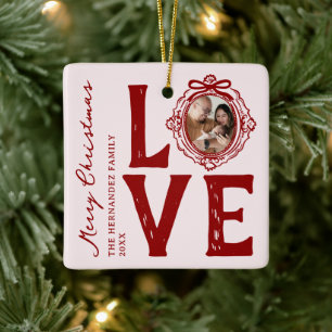 Family Love Doodle Photo Christmas Ceramic Ornament