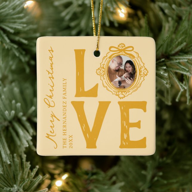 Family Love Doodle Photo Christmas Ceramic Ornament (Tree)