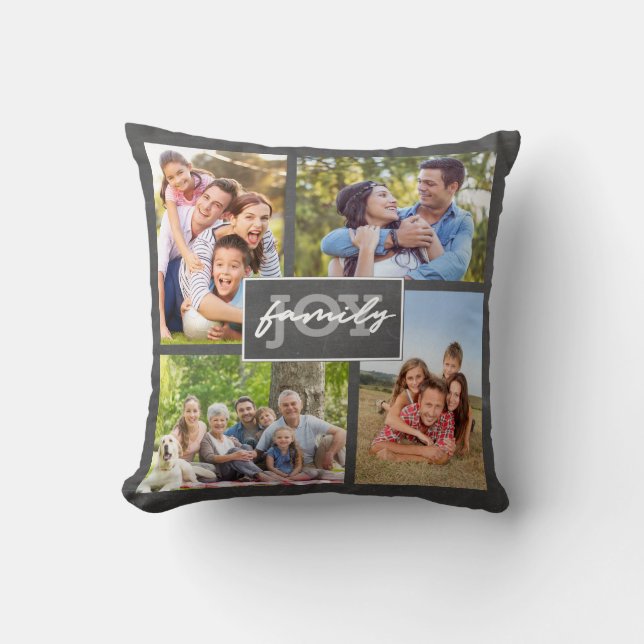 Family Love Joy 13 Photo Chalkboard Script Trendy Cushion (Front)