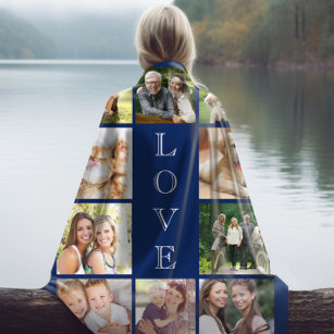 Family Love Multi-Photo Collage Personalised Blue Sherpa Blanket