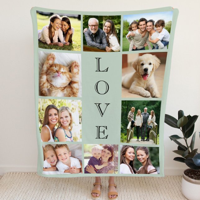 Family Love Multi-Photo Collage Sage Green Fleece Blanket (Creator Uploaded)