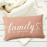 Family Love Script Clay Orange Custom Monogram Lumbar Cushion<br><div class="desc">Modern and stylish custom lumbar throw pillow design features simple and minimal "Family" typography that includes flourish and heart details. Personalise the uppercase text below with a monogram or year established. The white and muted clay orange colours can be modified.</div>