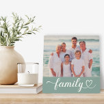 Family Love Script Custom Grey Green Photo Plaque<br><div class="desc">Custom tabletop home decor features a favourite family photo with minimal white "Family" typography overlay design that includes elegant flourish and heart details. Note,  the grey green coloured background and white text can be customised. A unique gift idea for your loved ones!</div>