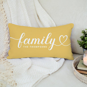 Family Love Script Golden Yellow Custom Monogram Lumbar Cushion