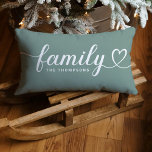 Family Love Script Grey Green Custom Monogram Lumbar Cushion<br><div class="desc">Modern and stylish custom lumbar throw pillow design features simple and minimal "Family" typography that includes flourish and heart details. Personalise the uppercase text below with a monogram or year established. The white and grey green colours can be modified.</div>