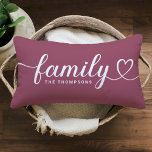 Family Love Script Rose Wine Custom Monogram Lumbar Cushion<br><div class="desc">Modern and stylish custom lumbar throw pillow design features simple and minimal "Family" typography that includes flourish and heart details. Personalise the uppercase text below with a monogram or year established. The white and rose wine colours can be modified.</div>