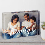 Family Love White Script Custom Horizontal Photo Block<br><div class="desc">Modern and stylish custom horizontal tabletop photo block features a favourite photo with a minimal "family" typography overlay design that includes elegant flourish and cute heart details. The white text colour can be modified.</div>