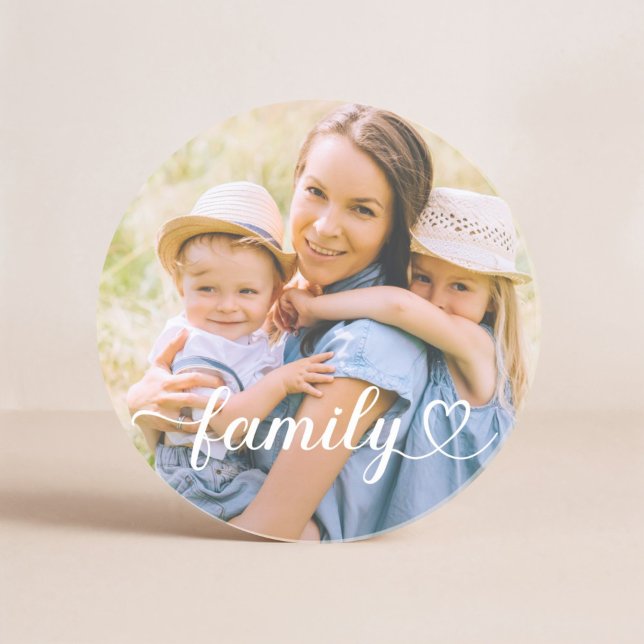 Family Love White Script Custom Photo Coaster (Creator Uploaded)