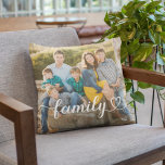 Family Love White Script Custom Photo Cushion<br><div class="desc">Modern and stylish custom throw pillow features a favourite photo(s) with a minimal white "family" typography overlay design that includes elegant flourish and heart details. The white text colour can be modified. 2 photo front / back design allows you to include a photo on front and back or two different...</div>