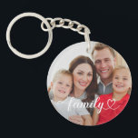 Family Love White Script Custom Photo Key Ring<br><div class="desc">Modern and stylish custom keychain features a favourite photo(s) with a minimal white "family" typography overlay design that includes elegant flourish and heart details. The white text colour can be modified. 2 photo front / back keychain allows you to include one photo on front and back or two different photos....</div>