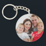 Family Love White Script Custom Photo Key Ring<br><div class="desc">Modern and stylish custom keychain features a favourite photo(s) with a minimal white "family" typography overlay design that includes elegant flourish and heart details. The white text colour can be modified. 2 photo front / back keychain allows you to include one photo on front and back or two different photos....</div>