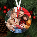 Family Love White Script Custom Photo Ornament<br><div class="desc">Modern and stylish custom Christmas ornament features a favourite photo(s) with a minimal white "family" typography overlay design that includes elegant flourish and heart details. The white text colour can be modified. 2 photo front / back ornament allows you to include one photo on front and back or two different...</div>