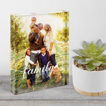 Family Love White Script Custom Vertical Photo Block<br><div class="desc">Modern and stylish custom vertical tabletop photo block features a favourite photo with a minimal "family" typography overlay design that includes elegant flourish and heart details. The white text colour can be modified.</div>