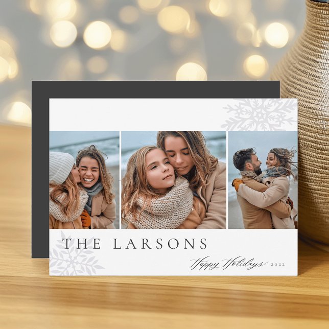 Family Marquee | Happy Holidays Three Photo Holiday Card (Creator Uploaded)