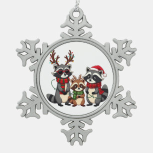 Family Matching Christmas Raccoons Santa Hat  Snowflake Pewter Christmas Ornament