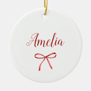 Family matching  red ribbon ceramic ornament