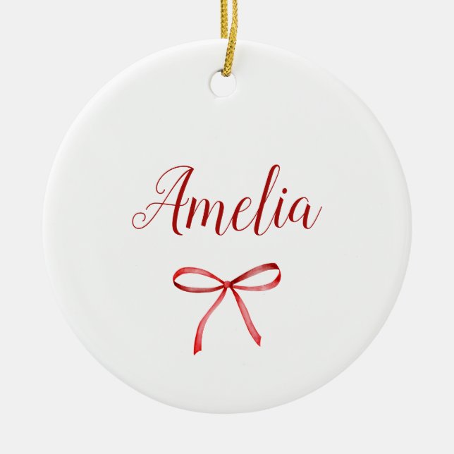 Family matching  red ribbon ceramic ornament (Front)