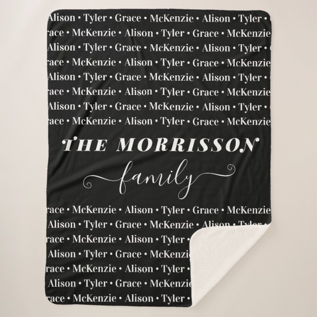 Family Member Names Pattern Modern Trendy Script Sherpa Blanket (Front)
