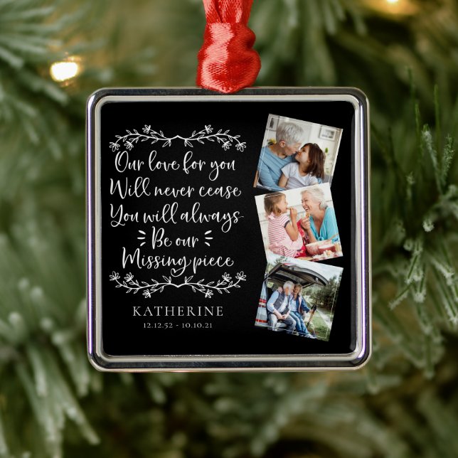 Family Memorial Three Photo Keepsake Metal Ornament (Tree)