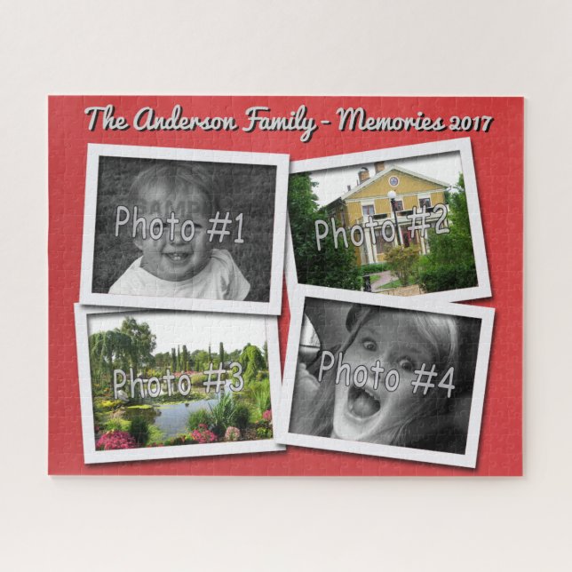 Family Memories 4 x Custom Photos Challenge Red Jigsaw Puzzle (Horizontal)
