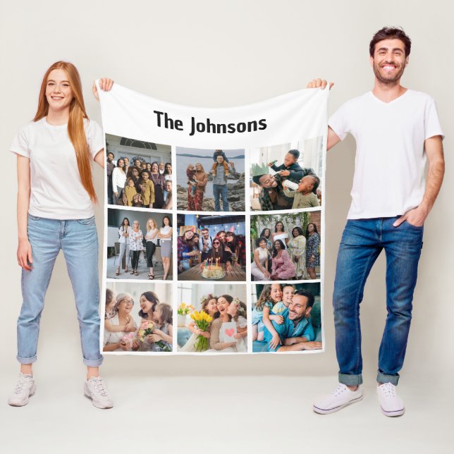 Family Memories 9 Photo Grid Personalised Collage Fleece Blanket (In Situ)