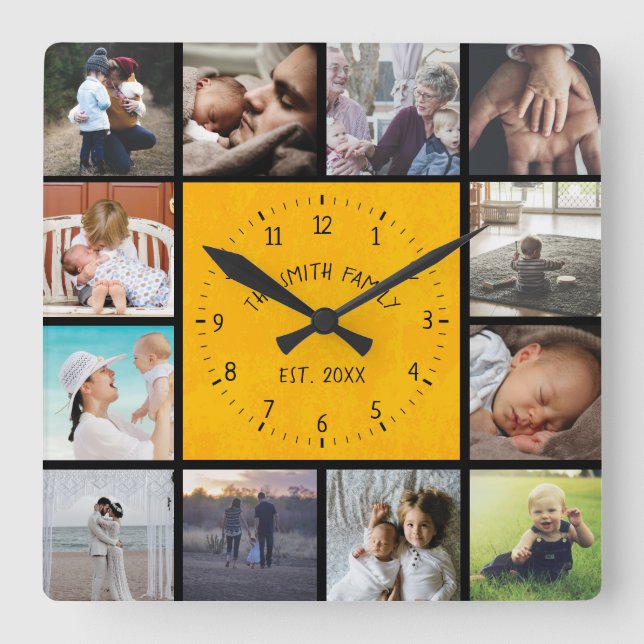 Family memories collage modern yellow texture  square wall clock (Front)