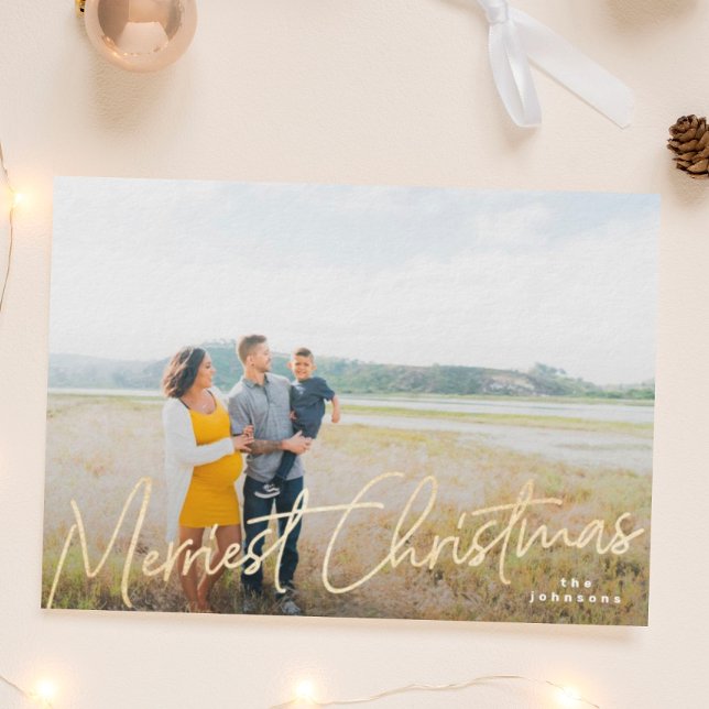 Family Merriest Christmas Gold Yellow Foil Photo Holiday Card (Creator Uploaded)