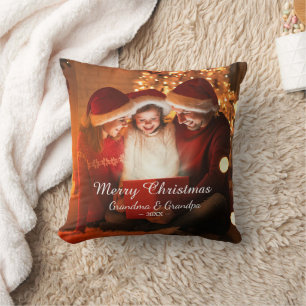 Family Merry Christmas Photo Grandma Grandpa Cushion