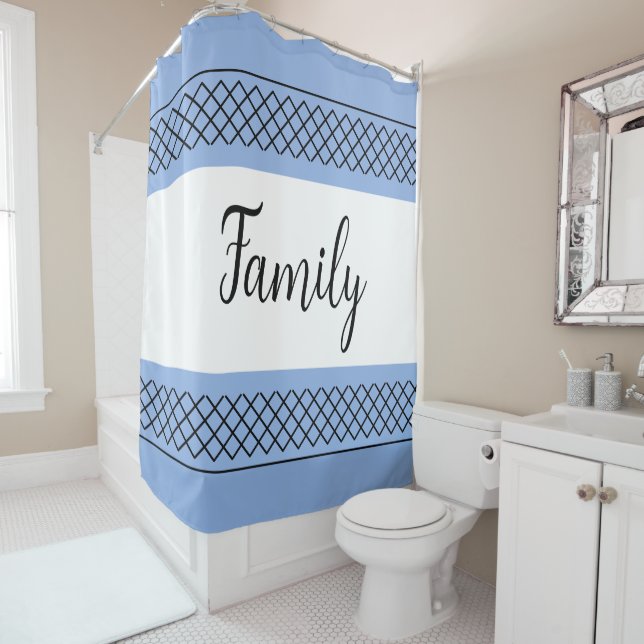 Family Modern Blue White Shower Curtain (In Situ)