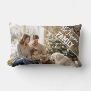 Family modern script Text Overlay with Two Photos Lumbar Cushion