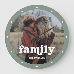Family   Modern Script with Photo Sage Green Large Clock