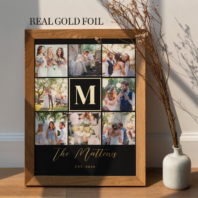 Family monogram 8 photo collage elegant chic  foil prints (Creator Uploaded)