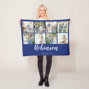 Family Monogram 8 Photo Collage Navy Fleece Blanket
