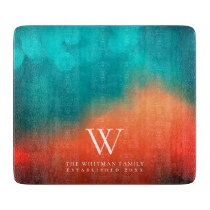 Family Monogram Abstract Art Teal Orange Kitchen Cutting Board
