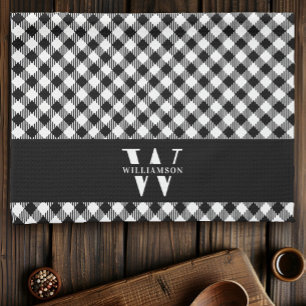 Family Monogram Black and White Vichy Plaid Modern Tea Towel