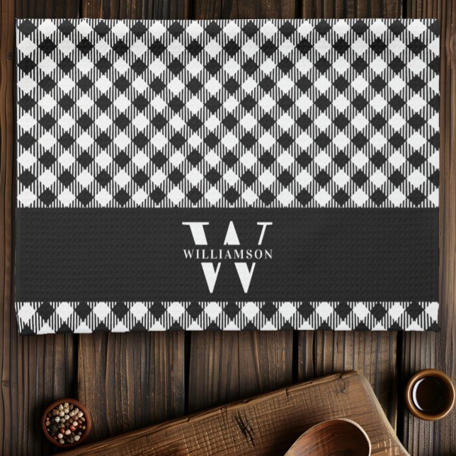 Family Monogram Black and White Vichy Plaid Modern Tea Towel (Creator Uploaded)