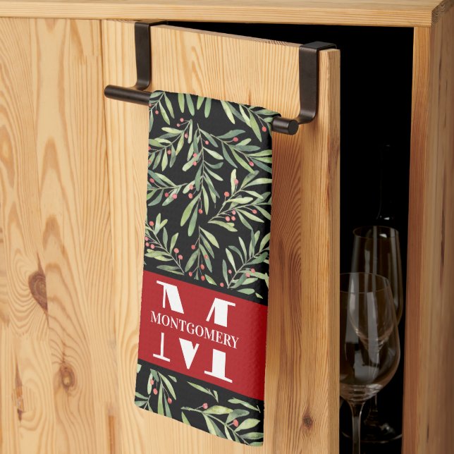 Family Monogram Christmas Holly Tea Towel (Thirds Fold)