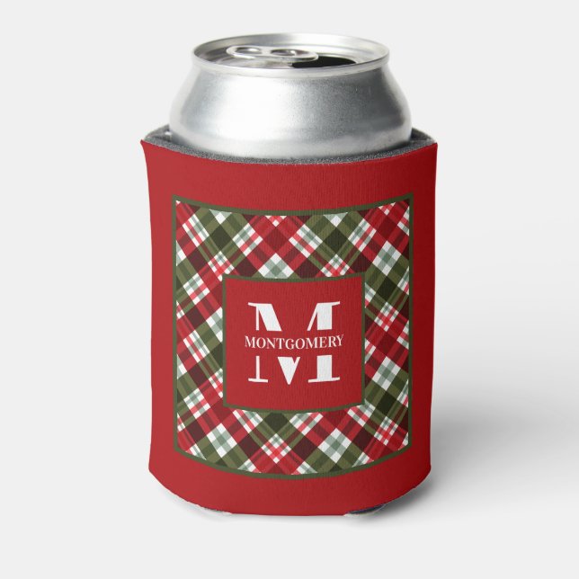 Family Monogram Christmas Plaid Can Cooler (Can Back)