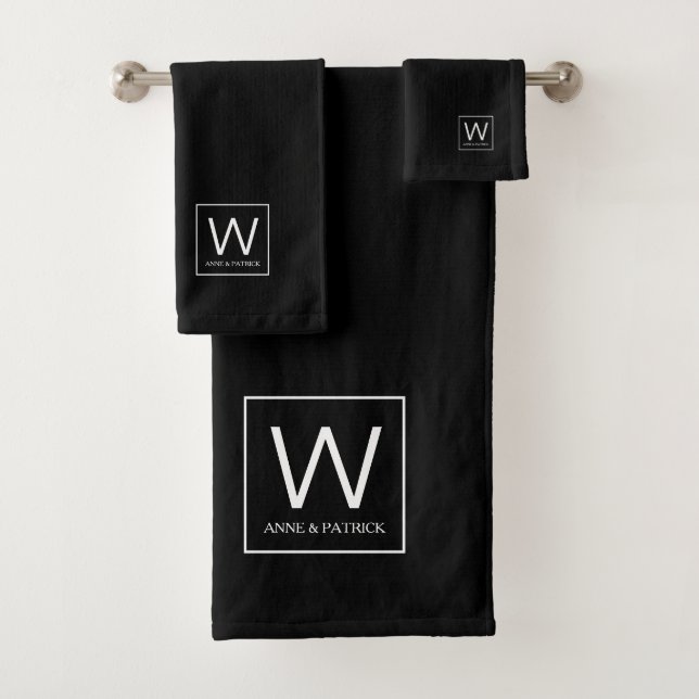 Family Monogram Couple Names Black Bath Towel Set (Insitu)