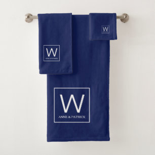 Family Monogram Couple Names Blue Bath Towel Set
