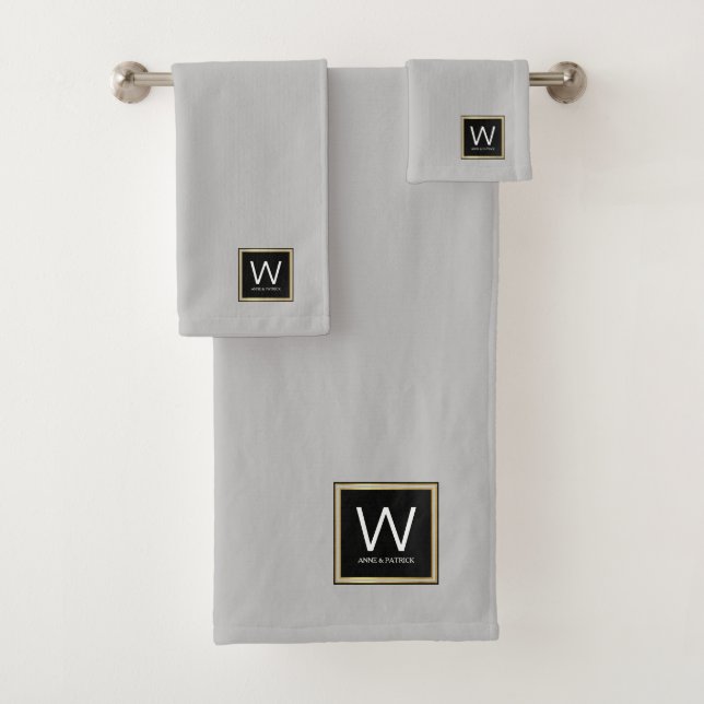Family Monogram Couple Names Grey Bath Towel Set (Insitu)