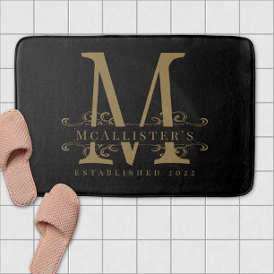 Family Monogram Elegant Black Gold Classy  Bath Mat